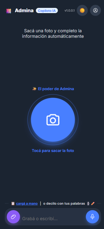 Pantalla principal de la app Admina: sacar una foto para cargar el movimiento
